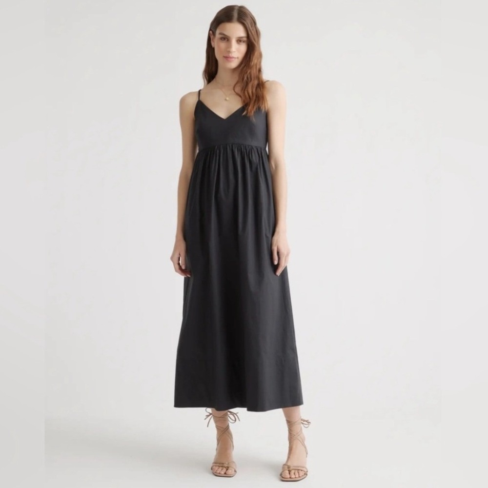 Quince Maxi Dress Small Black Organic Cotton Sleeveless Smocked Empire Waist